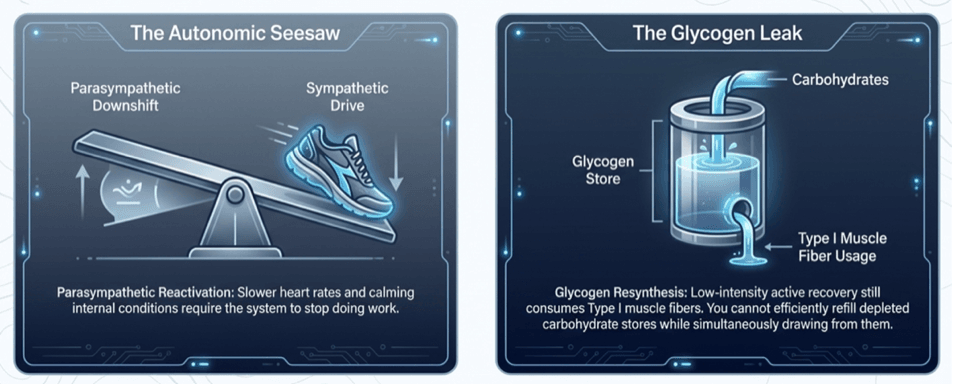 Przewagi biernego odpoczynku: wyciszenie autonomiczne i odbudowa glikogenu, które aktywny ruch może spowalniać