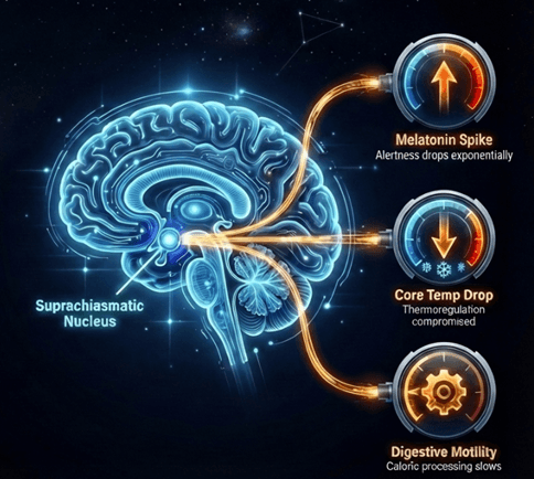 Circadian rhythm diagram: at night melatonin rises, core body temperature drops, and gut function changes