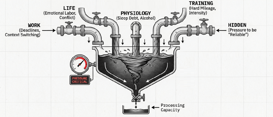 Diagram pokazujący, jak stres z życia, pracy, fizjologii, treningu i ukrytych źródeł trafia do jednego wspólnego lejka obciążenia