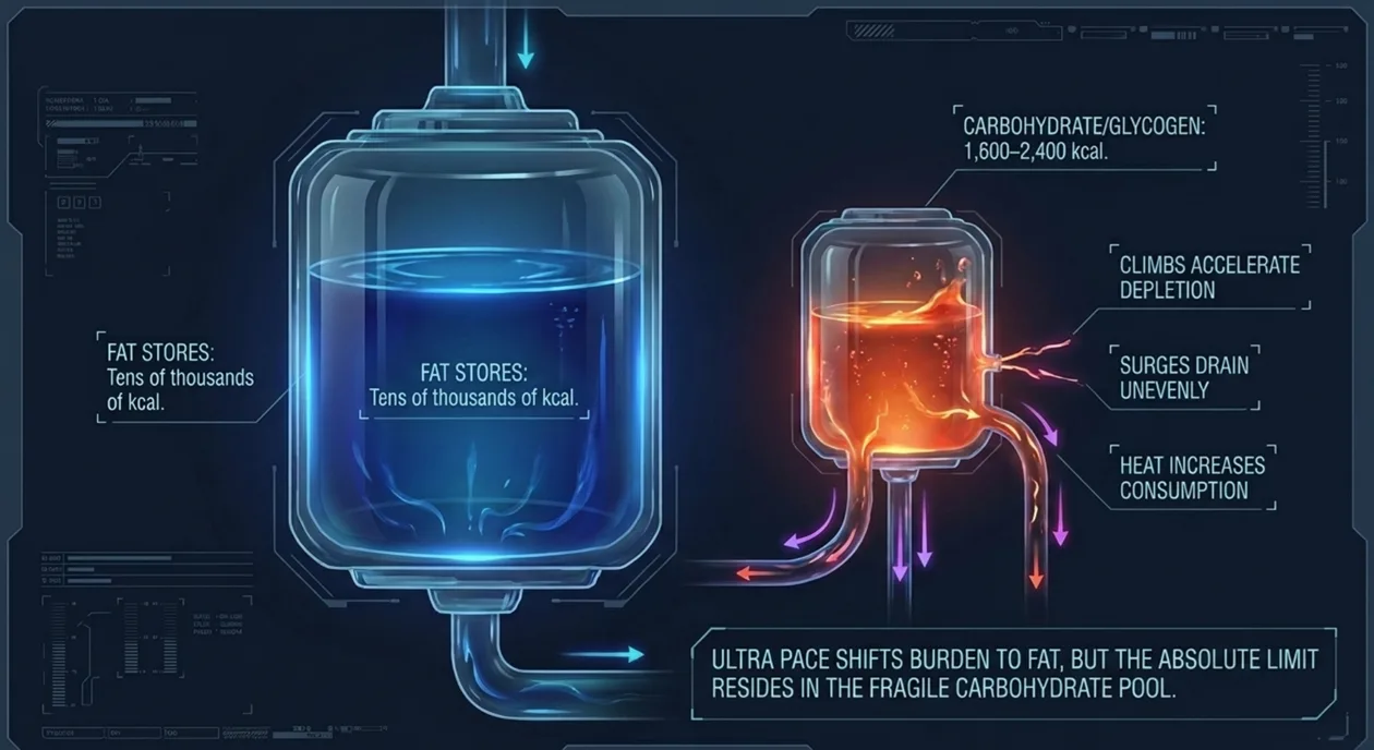 Vergleich der großen Fettspeicher gegenüber der begrenzten Kohlenhydratverfügbarkeit beim Ultra, wobei Anstiege, Tempovariationen und Hitze die Entleerung beschleunigen.