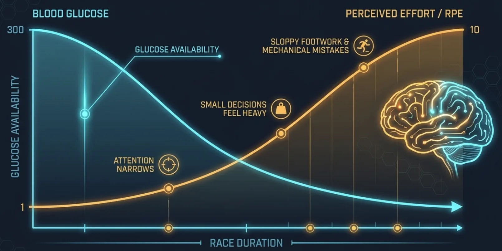 Chart showing blood glucose availability falling across race duration while perceived effort rises, with attention narrowing and mechanical mistakes increasing.