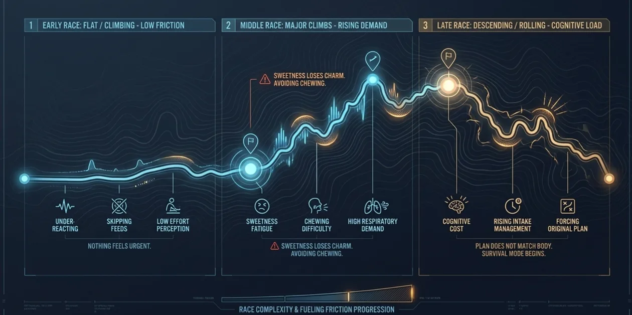 Three-stage map of fueling friction across an ultra race, showing under-reacting early, sweetness fatigue and chewing difficulty mid-race, and cognitive load plus forced intake late.