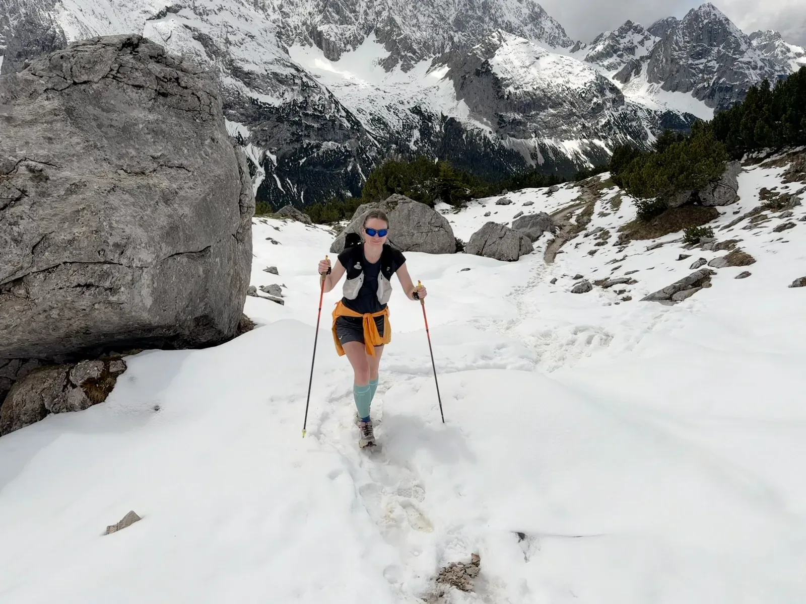 Snowfield on the climb toward Gatterl pass, still icy in May 2026, ZUT 107K at KM 28.9.