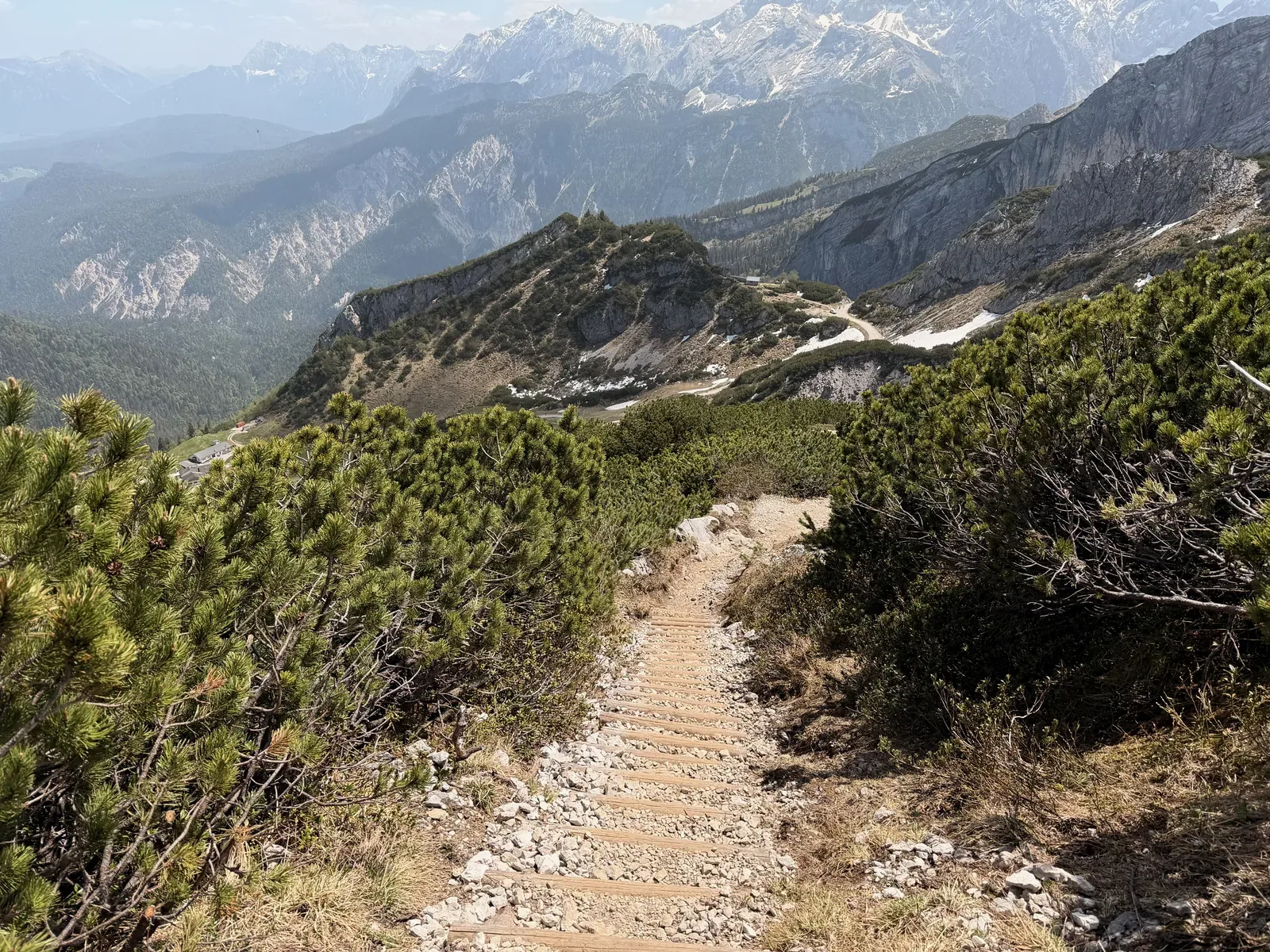 Narrow mountain trail through dwarf pines with surrounding peak views, ZUT 107K at KM 94.7.